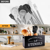 Black Farmhouse Utensil Holder for Kitchen Counter Extra Large Cooking Utensil Holder Caddy Utensils Storage Organizer for Countertop Rustic Wood Kitchen Tool Decor Utensil Crock Spatula Holder Renawe