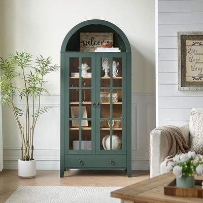 RowyPoey Farmhouse Arched Cabinet with Glass Doors, Wood Display Cabinet with Drawer and Adjustable Shelves, 71” Tall Bookshelf Modern China Storage Kitchen Pantry for Living Room,Office (Green)