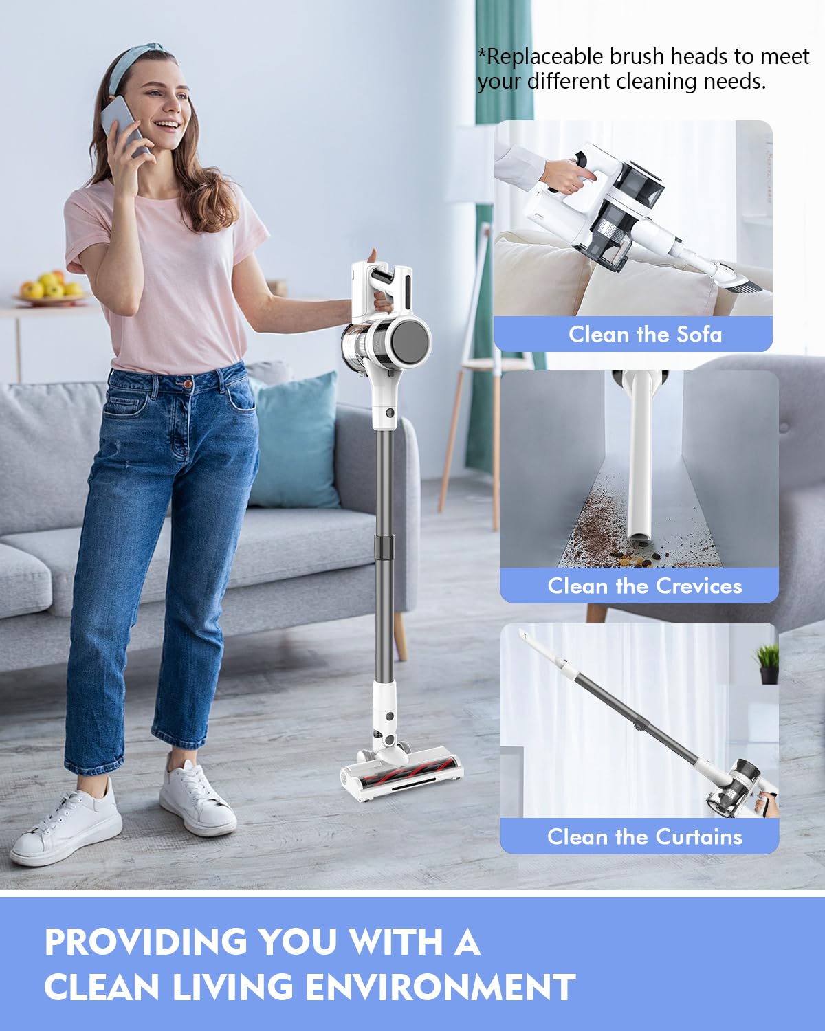 Ljuren Vacuum Cleaners for Home, 80,000PRM Powerful Motor Cordless Vacuum with Removable 2200mAH Battery up to 35 Mins Worktime, 2 Adjustable Modes and Detachable Parts Stick Vacuum (White Zinc Gray) Ljuren