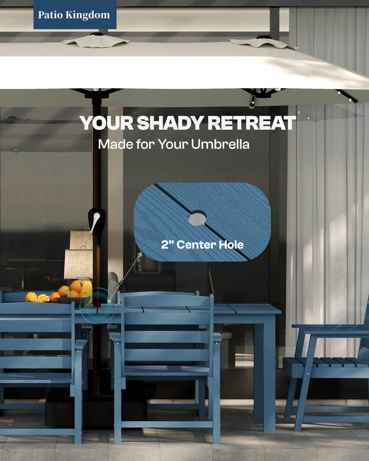 Patio Kingdom 9-Piece Outdoor Dining Set for 8, 75.2'' HDPE Table with Umbrella Hole & Chairs, Weather-Resistant Patio Furniture for Garden, Lawn, or Poolside (Navy Blue) Patio Kingdom