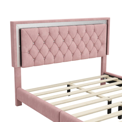 Flieks 3-Piece Pink Bedroom Set with Queen Upholstered Platform Bed and LED Lights, Including 2 Nightstands - WoodArtSupply