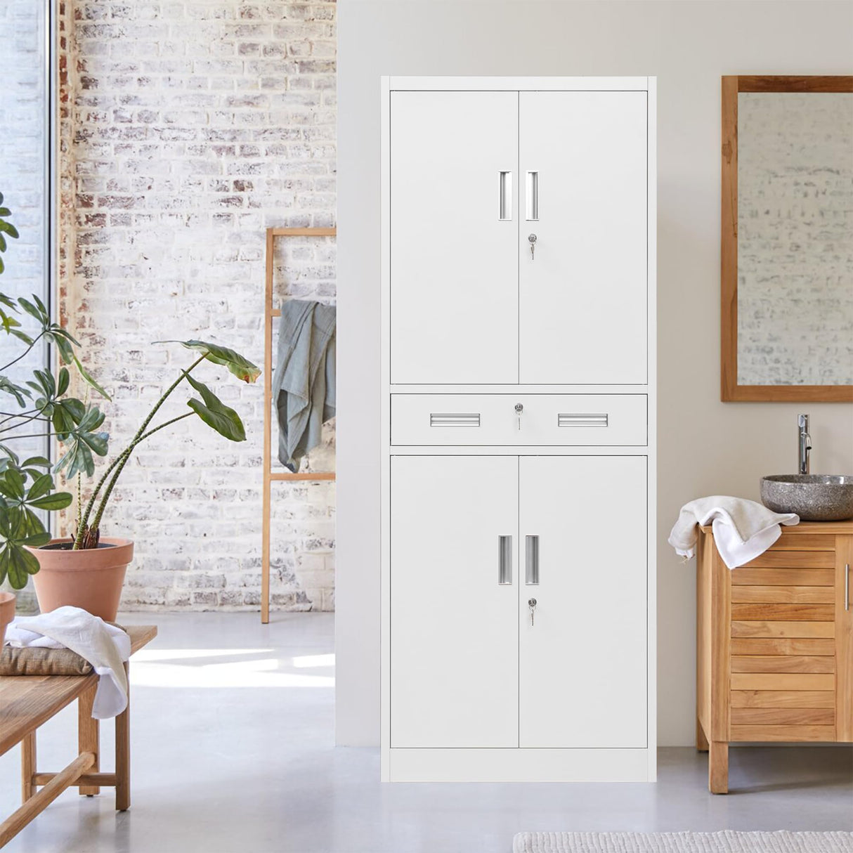 CJF Metal Storage Cabinets with Drawer and Adjustable Shelves, Locking Storage Cabinet for Pantry Kitchen Home Office Garage Living Dining Room (White) CJF