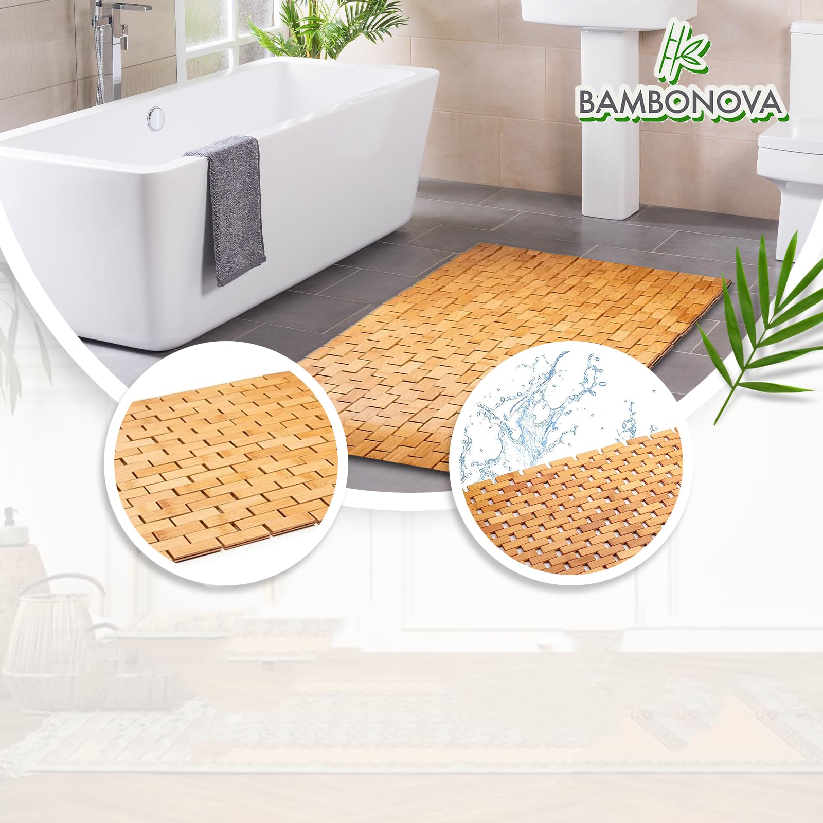 Bambonova Bamboo Bath Mat 48 x 16 Inches and Wooden Soap Dish Set Bathroom Rugs Bathtub Mat Non Slip Bath Mats for Bathroom, Kitchen Sauna Spa Hot Tub Outdoor Decor - WoodArtSupply