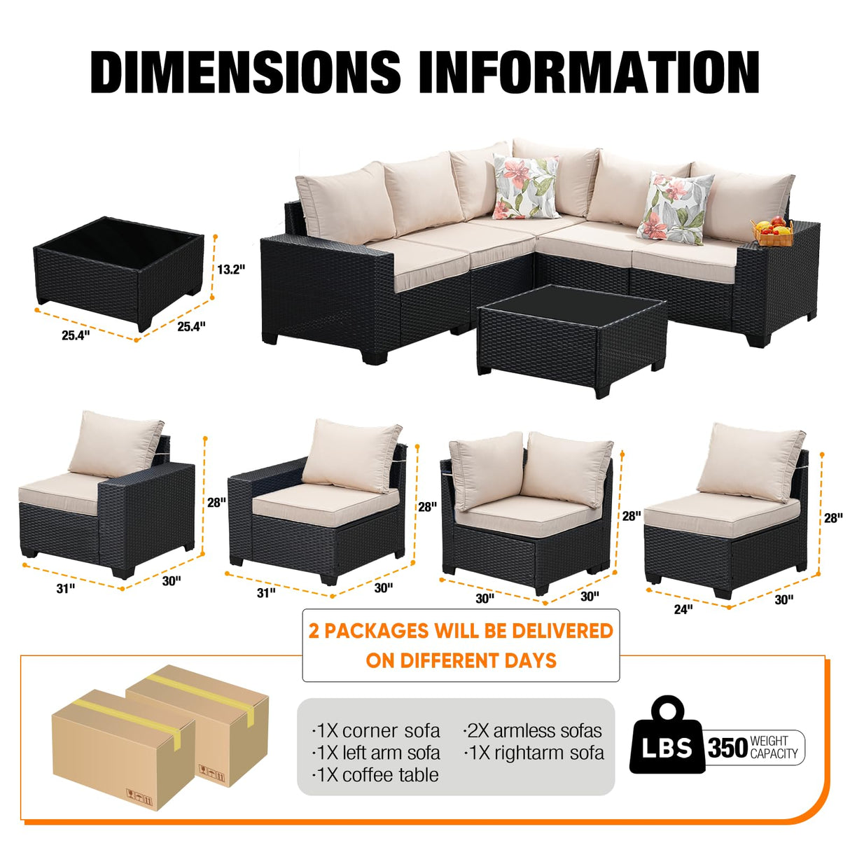 JOYURE 6PCS Patio Furniture Set Outdoor Wicker All-Weather Sectional Conversation Sofa Rattan Patio Seating with Cushion and Glass Table for Porch Poolside,Beige JOYURE