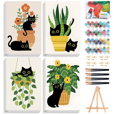 4 Pack Paint by Numbers Kit for Adults with Frame Cat, Framed Paint by Number for Adults Beginner with Wooden Easel, Green Plant DIY Painting by Numbers Canvas Framed for Home Decor 8 x 12 Inch