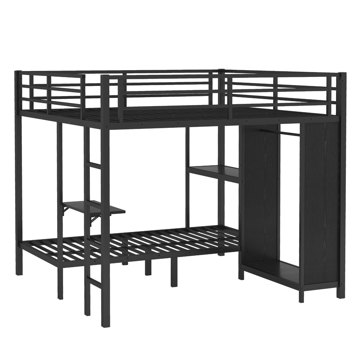 Ball & Cast Bunk Bed King Over Twin XL with Foldable Desk and Storage Shelves,Metal Bunk Bed Frame with Built-in Wardrobe and Full-Length Guardrails,Space Saving Design,Noise Free,Black Ball & Cast