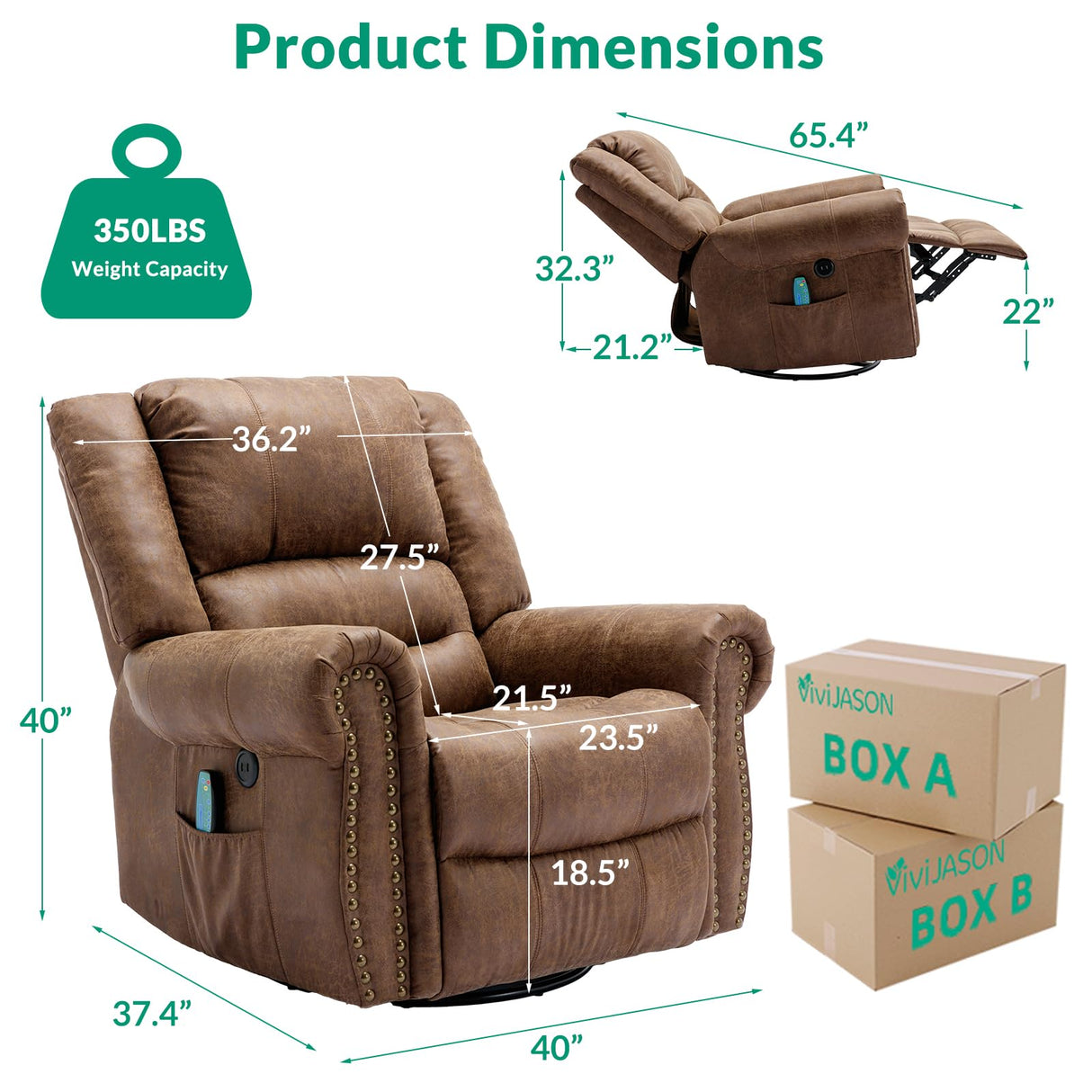 VIVIJASON Massage Swivel Rocker Recliner Chair with Heat & Vibration, 360° Swivel Manual Glider Rocking Reclining Chair with Remote Control, Side Pockets & USB Ports for Living Room, Nut Brown VIVIJASON