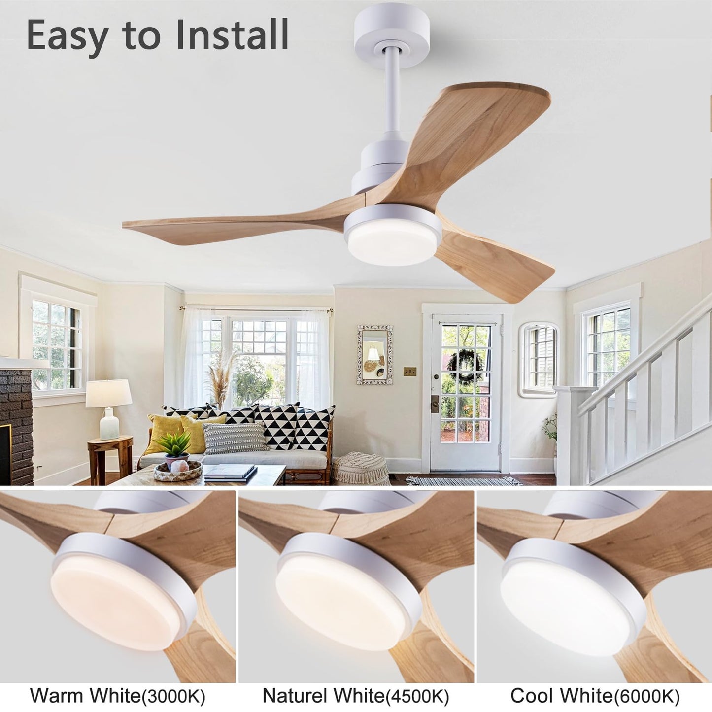 36" Ceiling Fan [with Lighted Remote], Indoor Outdoor Modern Wooden Ceiling Fan [with 3 Solid Wooden Blades] for Children's Room, Bedroom, Office (White)