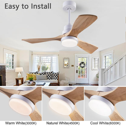 36" Ceiling Fan [with Lighted Remote], Indoor Outdoor Modern Wooden Ceiling Fan [with 3 Solid Wooden Blades] for Children's Room, Bedroom, Office (White)