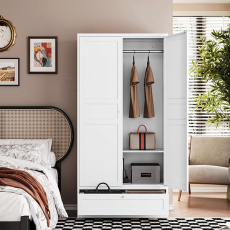Letaya Wardrobe Closet,72" H Clothing Metal Storage Cabinet with Storage Drawer Adjustable Shelves and Hanging Rod,Bedroom Armoire Cabinet Clothes Organizer (White) Letaya