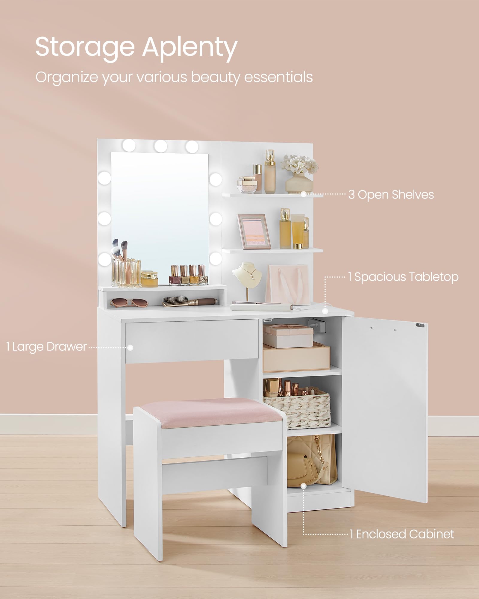 VASAGLE Vanity Desk with Mirror and Lights, 35.4-Inch Wide Makeup Vanity with Upholstered Vanity Stool, Power Outlets, Dimmable LED Lights, Storage Drawer, for Bedroom, Cloud White URDT128W01 - WoodArtSupply