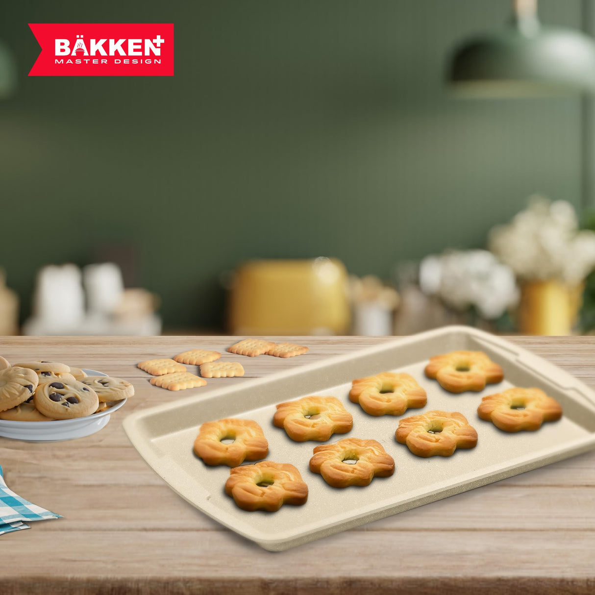 Bakken Swiss Cookie Sheet 3 Piece Set - Non-Stick, Stackable Baking Pans, White marble Deluxe Ceramic Coating – Dishwasher Safe - for Home Baking Bakken- Swiss