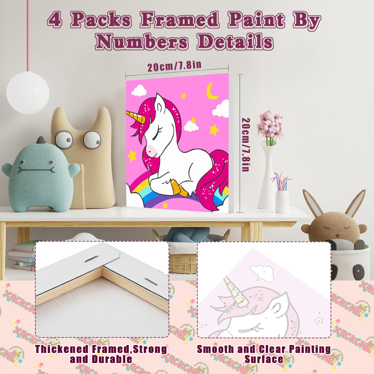 4 Pack Cartoon Paint by Number for Kids with Wooden Frame, Cartoon Paint by Numbers for Kids Ages 4-8-12, Easy Painting with Numbers DIY Acrylic Oil Painting Kits for Home Wall Decor (8X8 inch) xackcme