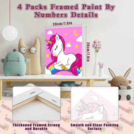 4 Pack Cartoon Paint by Number for Kids with Wooden Frame, Cartoon Paint by Numbers for Kids Ages 4-8-12, Easy Painting with Numbers DIY Acrylic Oil Painting Kits for Home Wall Decor (8X8 inch) xackcme