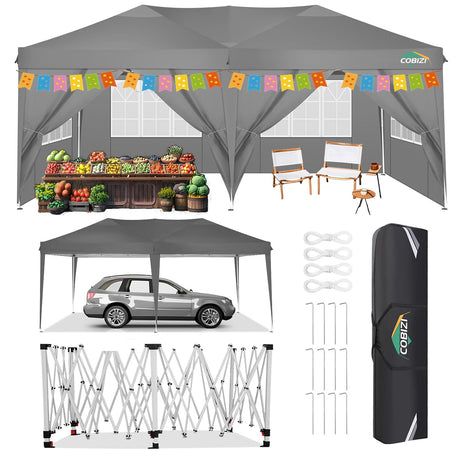 COBIZI Canopy 10x20 Pop Up Canopy Tent with 6 Sidewalls, Waterproof Outdoor Event Shelter Gazebo Sun Shade Portable 10x20 Tents for Parties Beach Camping Commercial Instant Canopy (Grey, 10'x20') COBIZI