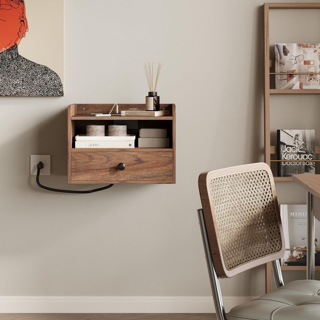 Brown Floating Nightstand Set of 2 with Charging Station and Drawer Small Bedside End Table with Outlet Modern Floating Night Stand for Bedroom Wood Wall Mounted Nightstands Set 2 Brown Walnut HOSEOKA