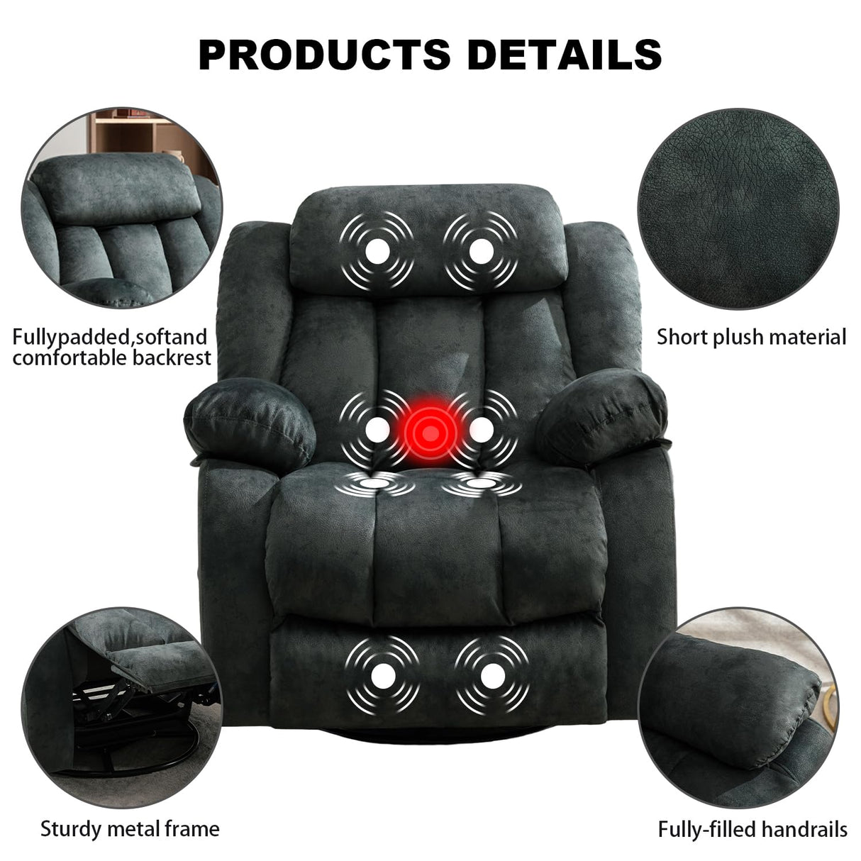 INZOY Massage Swivel Rocker Recliner with Heat and Vibration, Manual Rocking Recliner Chair with Vibrating Massage, Comfy Padded Overstuffed Soft Fabric Heated Recliner, Grayish Green INZOY