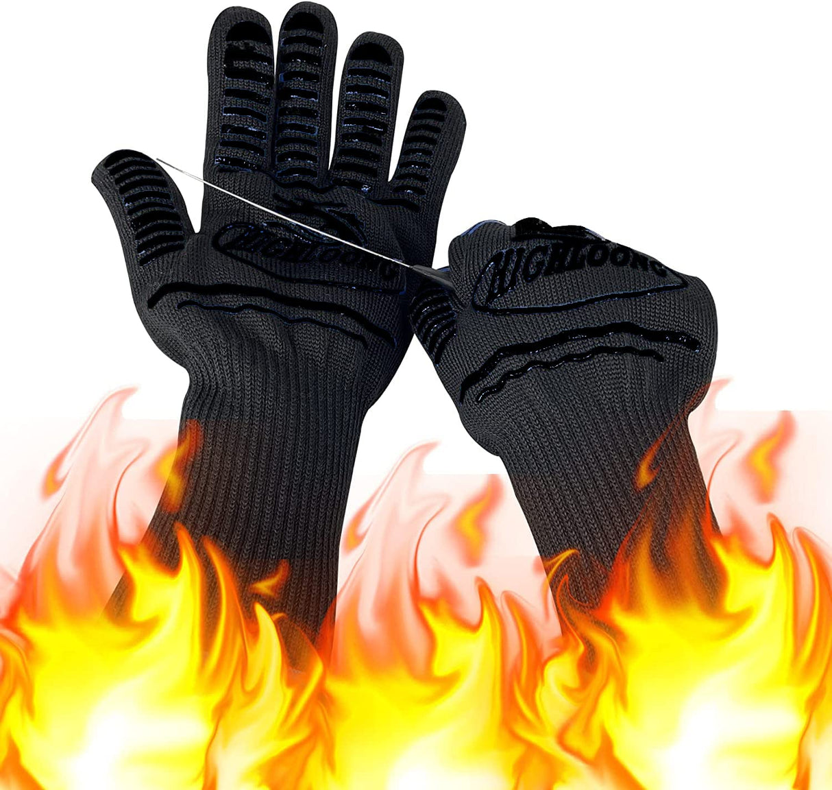 1472°F Extreme BBQ Gloves Grill Gloves Oven Safety Gloves, Cut Resistant BBQ Gloves with Non-Slip Silicone for Grilling, Frying, Baking, Fireplace, Cooking (2 pieces set) (Black Strips Long) HIGHLOONG