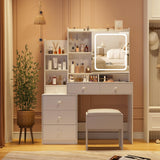 Vabches Vanity Makeup Mirror Desk with Stool,Makeup Vanity Set with 6 Drawers and Shelves,Vanity Table with Power Strip,Vanity Mirror 3 Lighting Color Adjustable,White Vabches