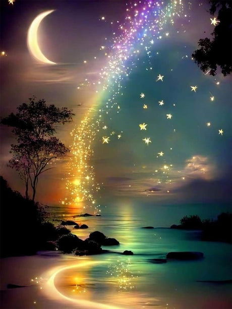 Ekuxom Moon Diamond Art Painting Kits for Adults, Star Glow in The Dark Diamond Art Kits, Full Round Rainbow Diamond Art Dots Wall Art Decor 12x16 in Ekuxom