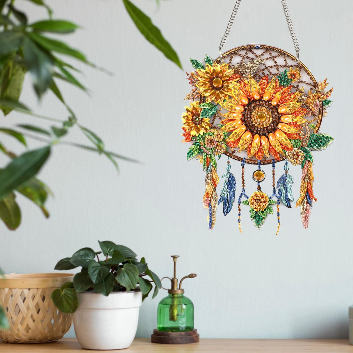 CEOVR Sunflower Diamond Painting Hanging Ornament, Dream Catcher 5D Special Shape Diamond Art, Crafts for Adults DIY Gem Art, Acrylic Home Garden Window Wall Decor with Chain, Box Kit, 6.2×7.8in CEOVR