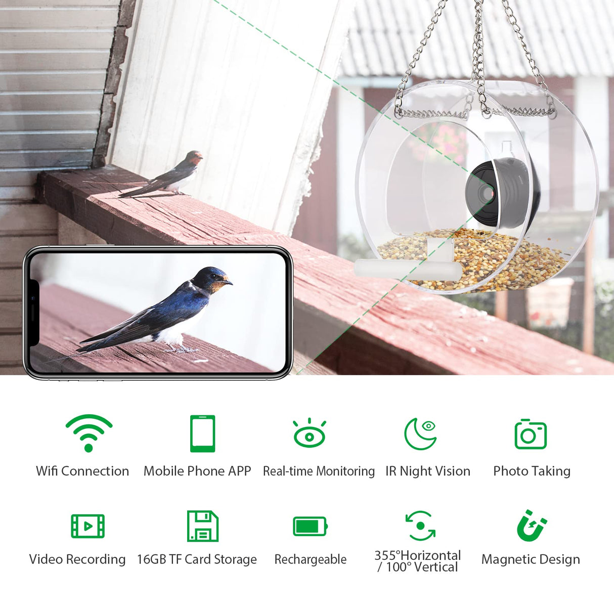 Clear Window Bird Feeder with Wifi Camera Suction Cup, Smart Transparent Round Birdfeeder with 16GB TF Card Photo Taking Video Recording IR Night Vision, Outside Birdhouse for Close Up View Outdoors Irfora