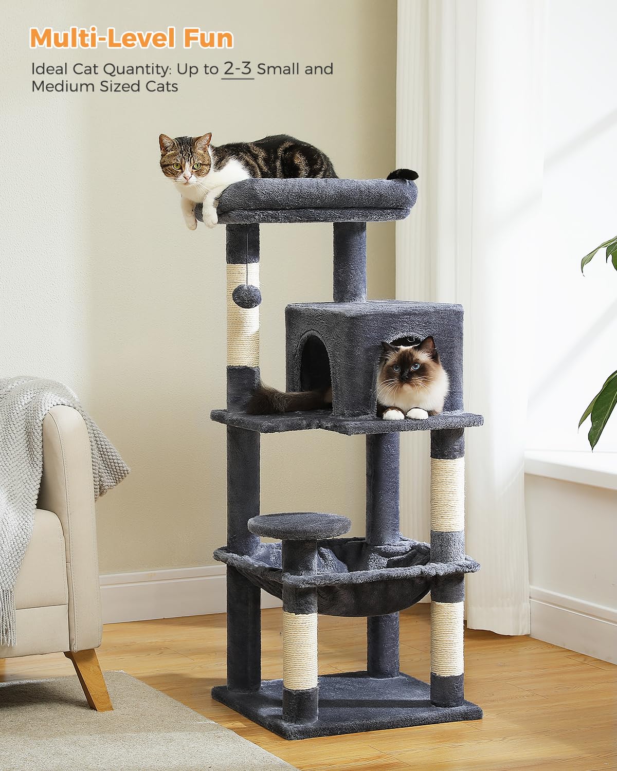 45.7" H Cat Tree Modern Wooden Cat Tower with Super LargeCat Condo and Hammock, 6 Tiers Cat Activity Center with Cat Scratching Post and Removable Soft Perches for Indoor Cats, Dark Grey BEROXII