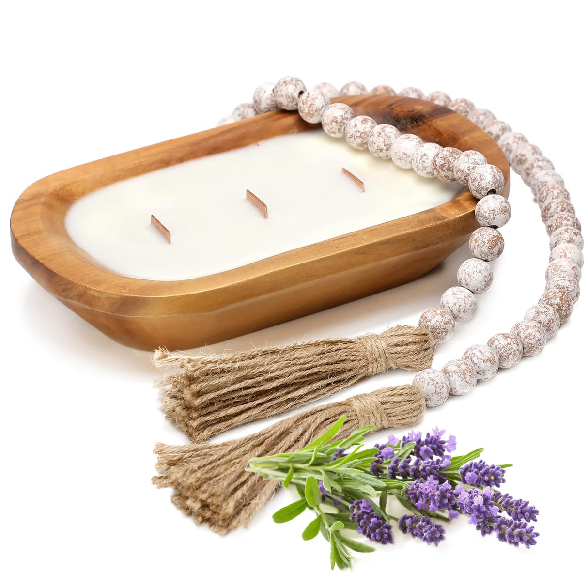 Wooden Bowl Candle 10 Inch, Soy Large Farmhouse Candle for Table, Lavender Scented, 3 Wood Wicks, Christmas Candle Gifts for Men & Women MIRASCENTS