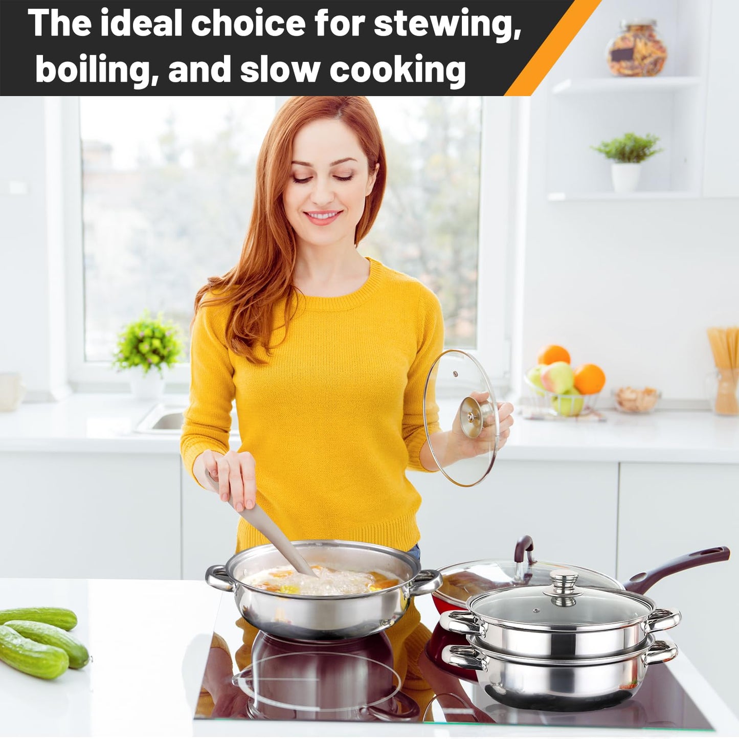 Steamer Pot Stainless Steel 2 Tier - 28cm Steamer Pot w/Glass Lid Food Veg Cooker Pot Cooking Pan Steaming Pot Dim Sum Cookware Steamer For Kitcken Cooking Tool