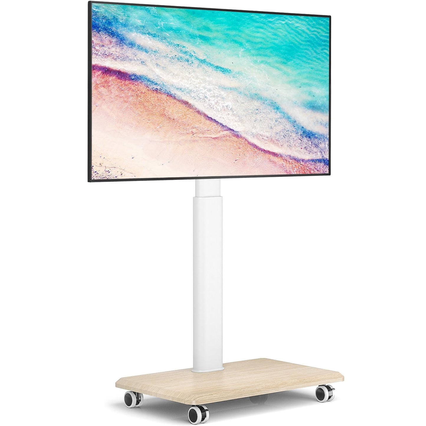 YOMT Floor TV Stand with Mount for 32-70 Inch Flat Screen/Curved TVs, Swivel Rolling Height Adjustable Portable TV Stand on Wheels, Modern Mobile Wood Base White TV Stand for Bedroom Home Office