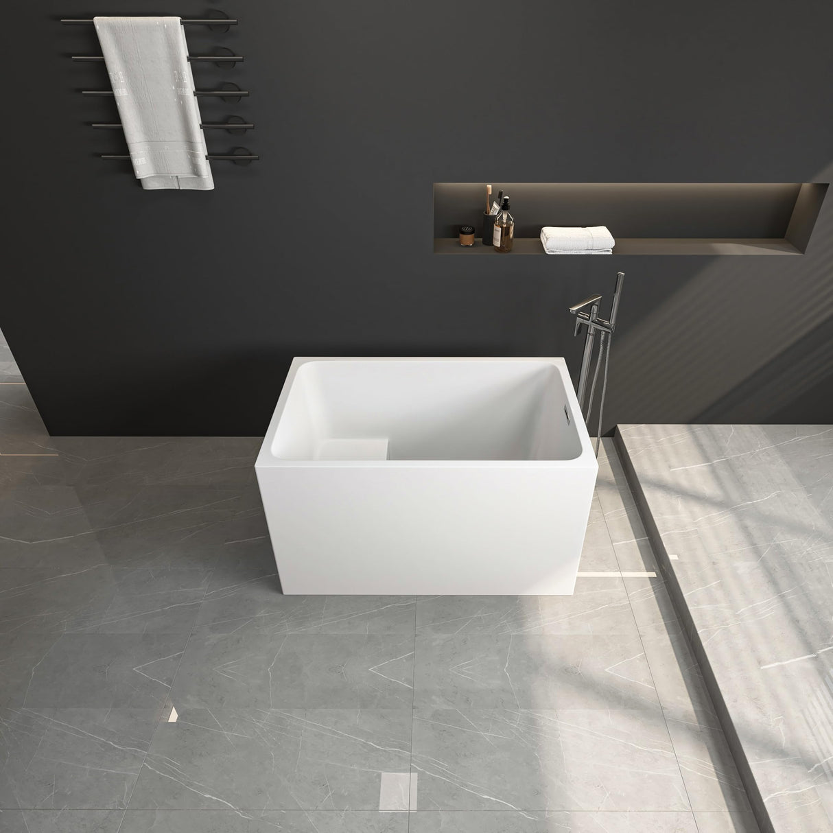 43" Acrylic Freestanding Bathtub with Seat, Japanese Soaking Tub Spacious Rectangular Shape, Modern Soaking Bathtub, Gloss White Finish, Chrome Slotted Overflow & Pop-Up Drain Runave