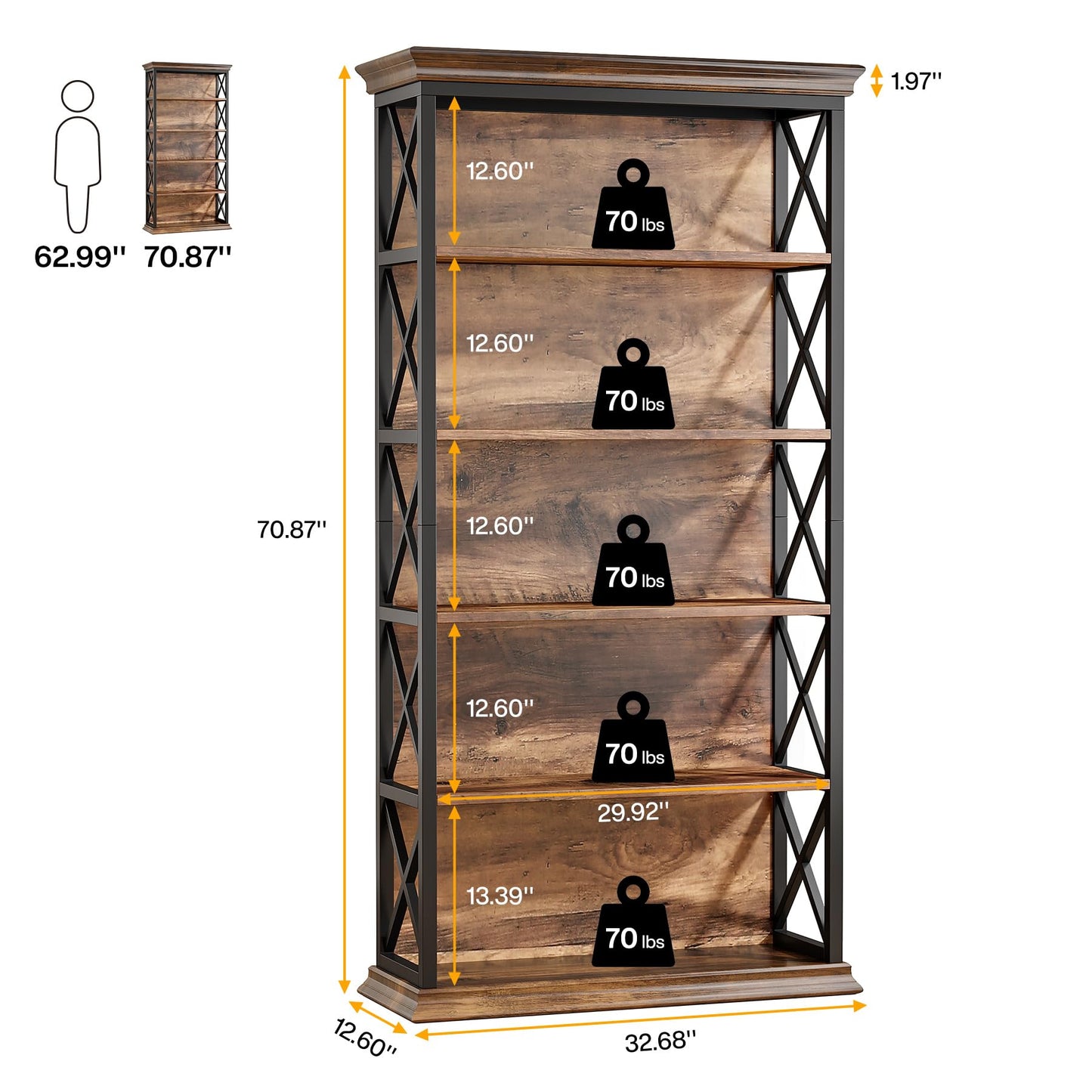 Tribesigns 6-Tier Industrial Bookshelf – 71 Inch Tall Bookcase with X Pattern Accents in Brown and Black - WoodArtSupply