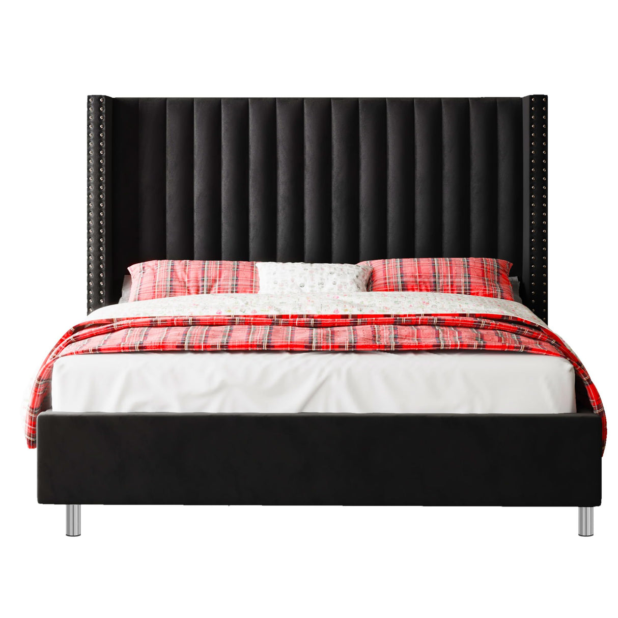 Jocisland Queen Size Upholstered Platform Bed Frame with Tall Wingback Headboard, Velvet Modern Luxury Design, No Box Spring Needed, Easy Assembly, Black Jocisland