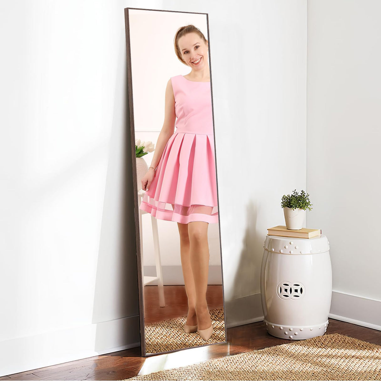 WIIS' IDEA 59"x16"Full Length Mirror,Durable Solid Wood Frame,Explosion-Proof Film,High-Definition Full Body Mirror,Standing/Leaning/Hanging Long Mirror for Bedroom,Bathroom,Living Room(Brown) WIIS' IDEA