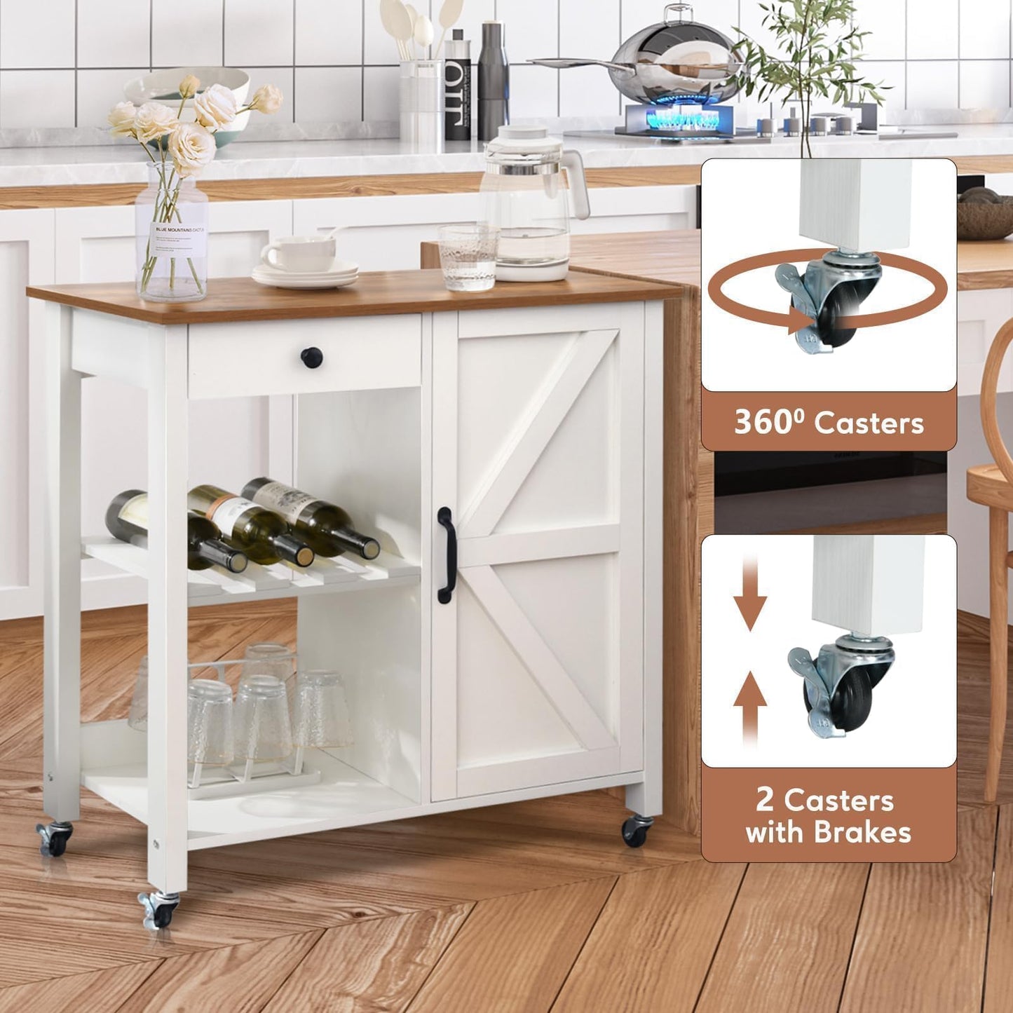 4 EVER WINNER Kitchen Island Cart, Farmhouse Kitchen Island with Drawer Wine Rack, Kitchen Cart Microwave Cart with Storage, Adjustable Shelf Island Table for Kitchen, Living Dining Room, White