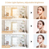 VOWNER Vanity with Lights - 47" Makeup Vanity Desk with Glass Top, 6 Drawers, 3 Storage Shelves and Outlet, 3 Color Lighting Modes with Adjustable Brightness, Makeup Desk with Stool for Bedroom, White VOWNER