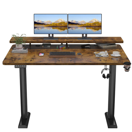 Shahoo Electric Standing Desk with Monitor Shelf, 55 x 24 Inches Height Adjustable Corner Table, Computer Workstation with Cup Holder and Hook for Home Office, Brown, 55x24 Inch, Rustic Brwon - WoodArtSupply