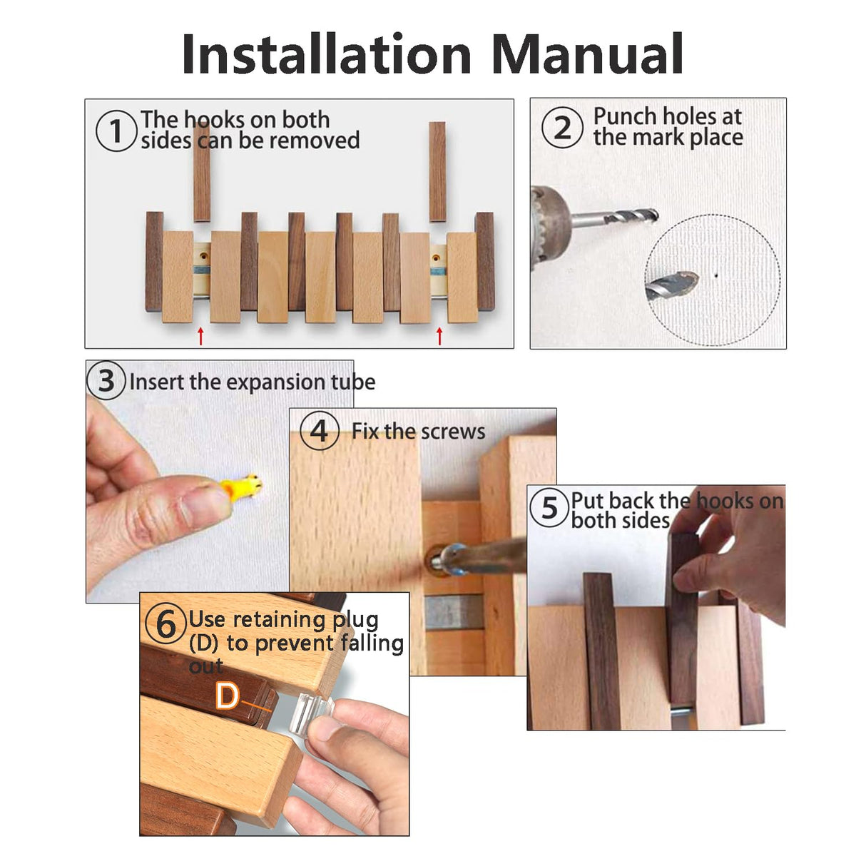 OLETNY Coat Rack Wall Mount Wood, Wood Coat Rack Wall Mount with 6 Flip-Down Magnetic Hooks Piano Wall Coat hanger for Entryway, Bathroom, Bedroom, Kitchen OLETNY