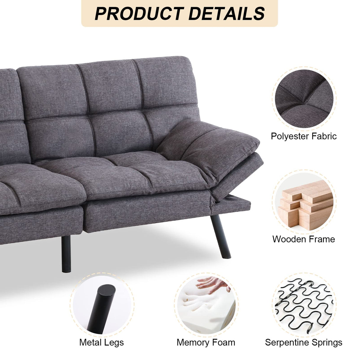 Opoiar Futon Couch,Convertible Futon Sofa Bed,Memory Foam Sleeper Sofa,Adjustable Modern Loveseat,Futon Sets, Sofa Bed for Compact Living Room,Apartment,Office,Grey Opoiar
