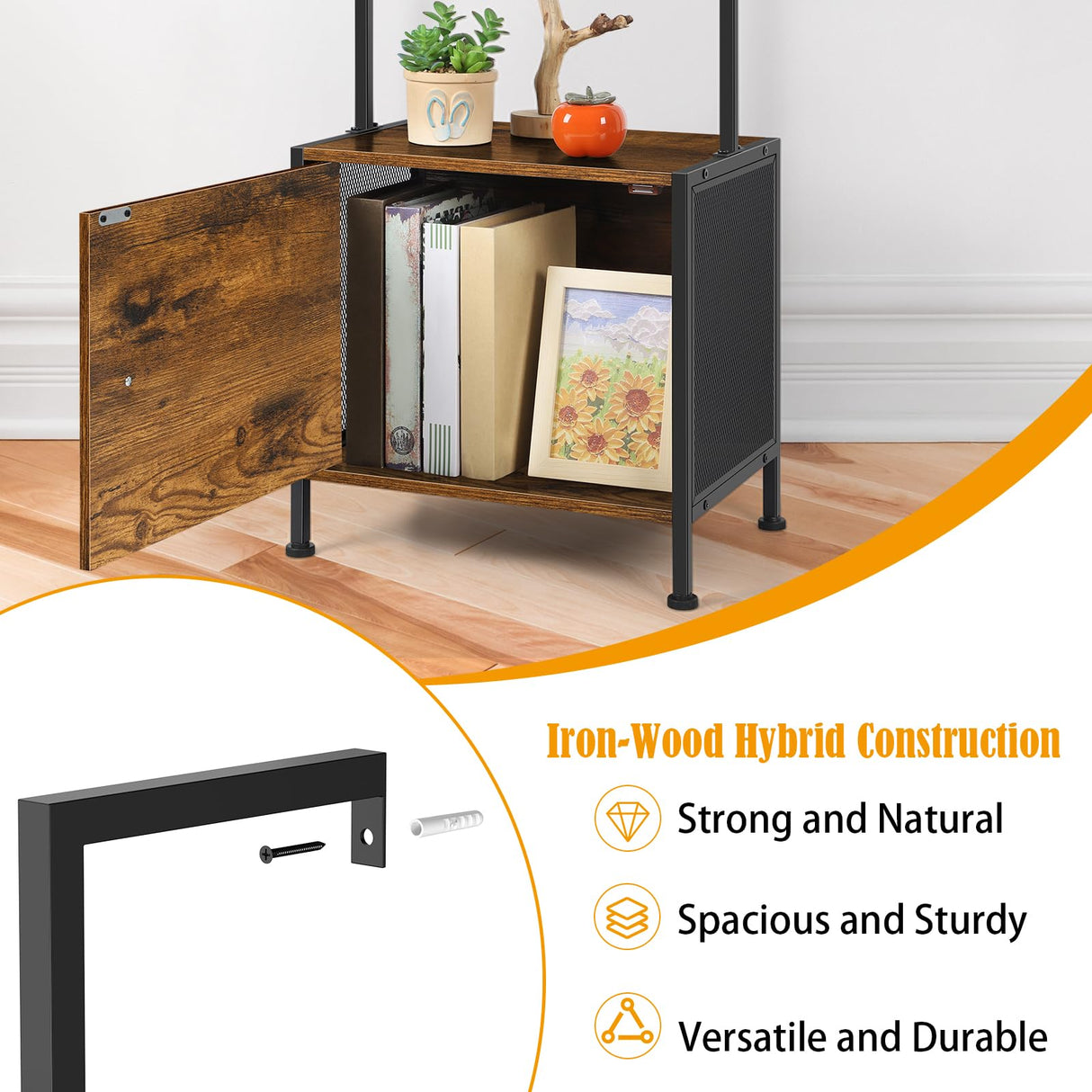 Vrisa 4 Tier Ladder Bookshelf with Drawers Wall Mounted Storage Shelves Wooden Ladder Shelf with Cabinet Display Bookcase for Living Room Bedroom Home Office Kitchen Brown Vrisa