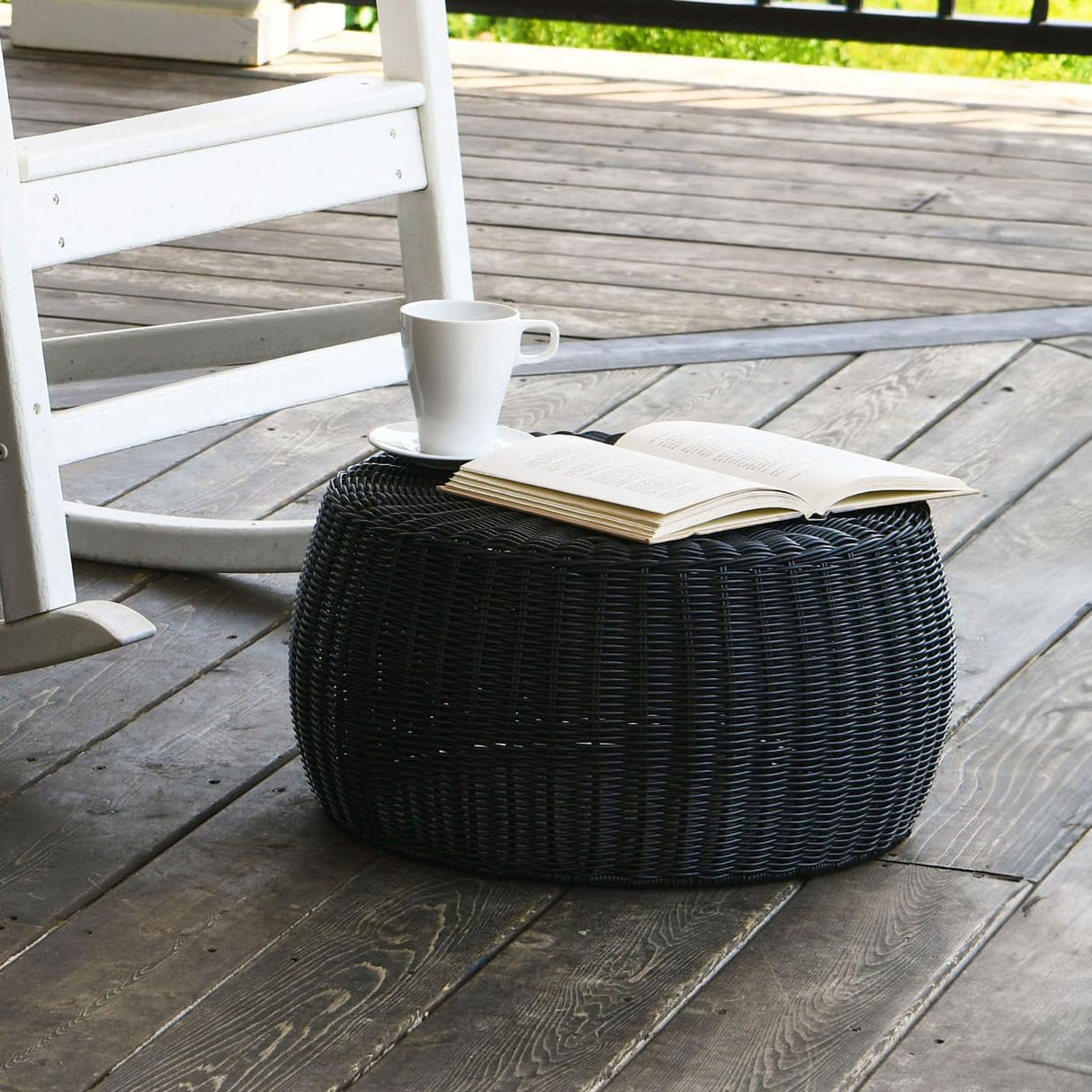 Household Essentials Handwoven Resin Storage Stool Ottoman, Black Household Essentials