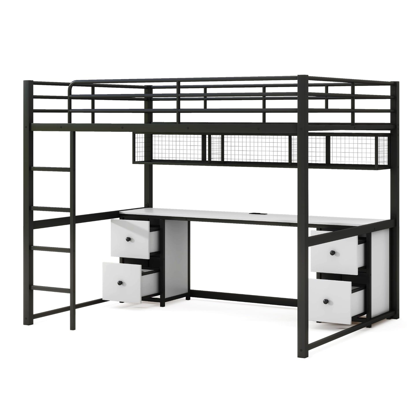 Ziraukon Full Size Loft Bed with Desk, Metal Loft Bed with 4 Drawers and Bedside Tray, Full Loft Bed Frame with Charging Station, USB and Socket, Black