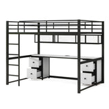Ziraukon Full Size Loft Bed with Desk, Metal Loft Bed with 4 Drawers and Bedside Tray, Full Loft Bed Frame with Charging Station, USB and Socket, Black Ziraukon