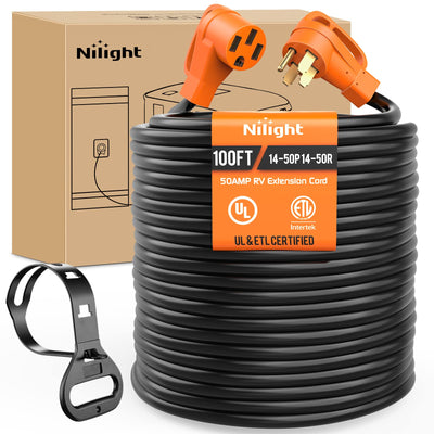 Nilight 50 Amp100FT RV EV Extension Cord 250V Heavy Duty 6/3+8/1 Gauge Pure Copper STW Wire UL ETL Listed 4 Prong 14-50P 14-50R 50F/50M Cable Suit for EV Charging RV Trailer Campers