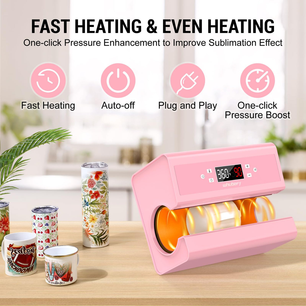 Whubefy Auto Tumbler Heat Press Machine, Pink Mug Heat Press Heat Up Even & Fast, Cup Press Machine for 30oz, Sublimation Machine for Tumbler 2.6-3.34in, Glass Jar, Can & Mugs, Halloween Spirit Whubefy