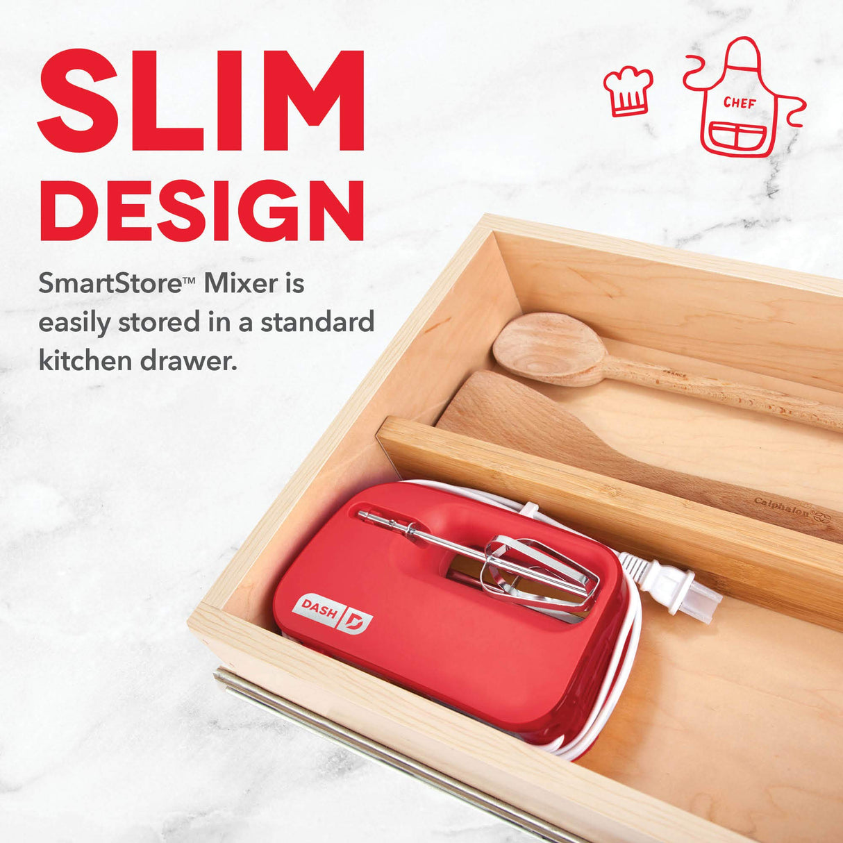 Dash SmartStore™ Deluxe Compact Electric Hand Mixer + Whisk and Milkshake Attachment for Whipping, Mixing Cookies, Brownies, Cakes, Dough, Batters, Meringues & More, 3 Speed, 150-Watt – Red DASH