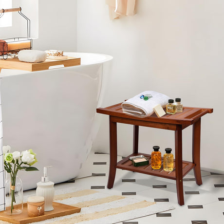 Teak Shower Bench,22'' Solid Wood Shower Stool with Storage Shelf & Handle,Waterproof Shower Bench Seat for Bathroom, Indoor & Outdoor Use Graceware