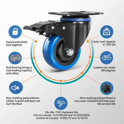 3 Inch Caster Wheels, Casters Set of 4 Heavy Duty with Brake, Safety Dual Locking Casters, No Noise Wheels with Polyurethane Foam, Load 1000LBS (Two Hardware Kits Included)