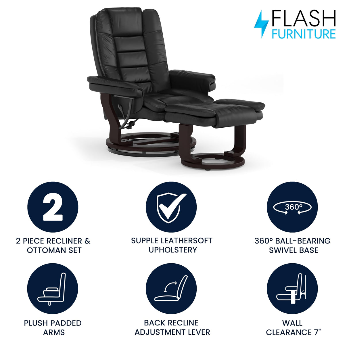 Flash Furniture Bali Contemporary Multi-Position LeatherSoft Recliner Chair with Ottoman, 360-Degree Swivel Recliner Chair and Ottoman Set, Black Flash Furniture