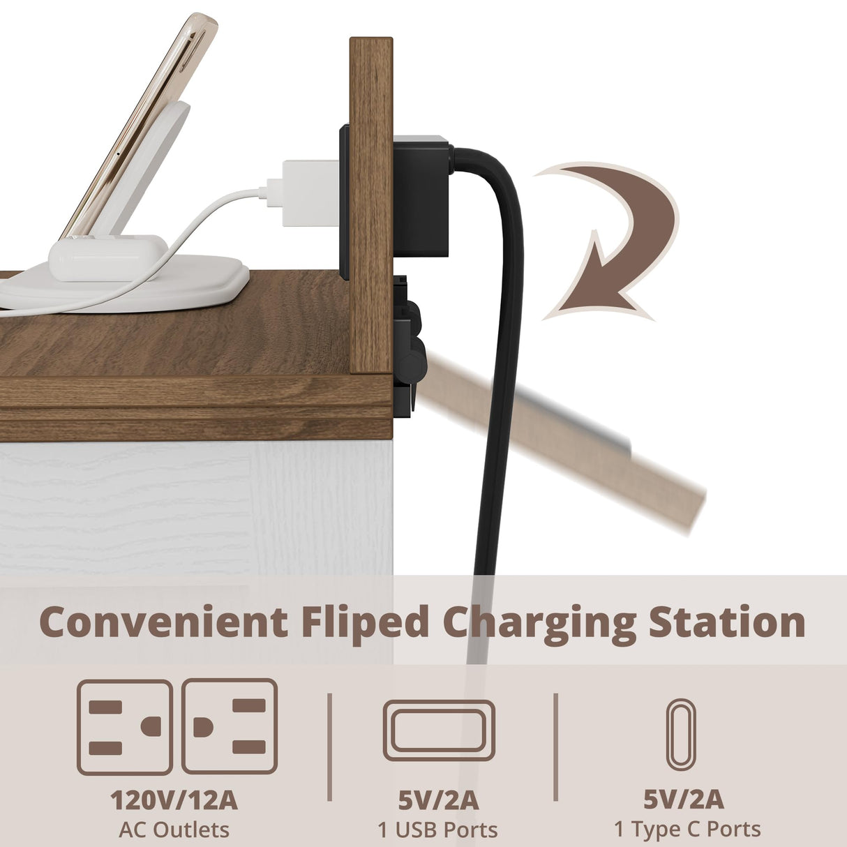 IRONCK Farmhouse Nightstand with Charging Station, Rustic Night Stand with Barn Door and Shelf, Rustic End Table Side Table with Storage for Bedroom, White/Walnut IRONCK